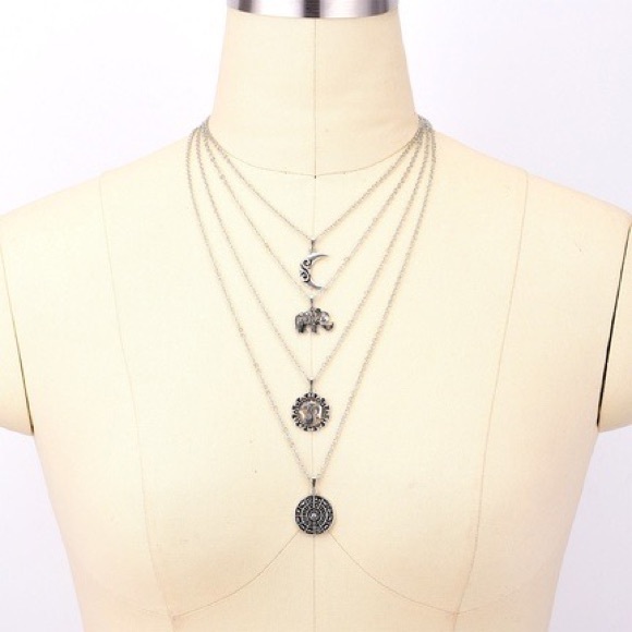 Bohemian Multi Layer Moon Elephant Medallion Necklace - Picture 4 of 5
